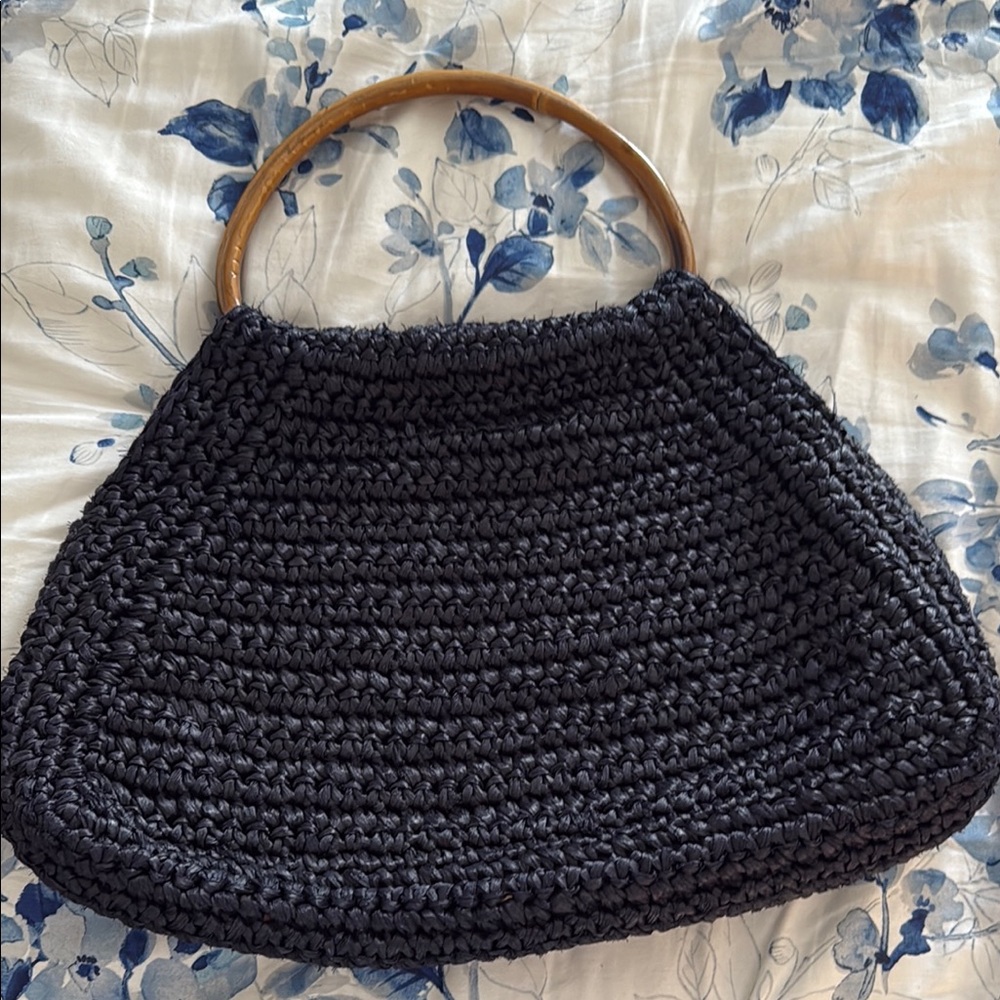 Navy Blue Raffia Handbag with Wooden (bamboo) Handle